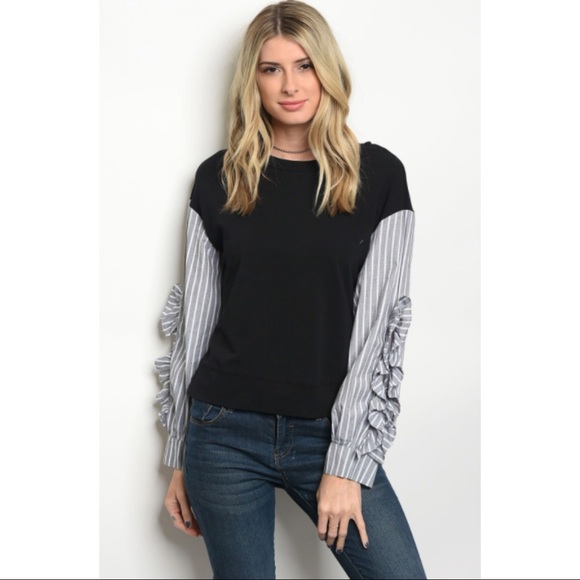 Long Ruffle Poplin Sleeve Cotton Blend Top - Picture 2 of 8